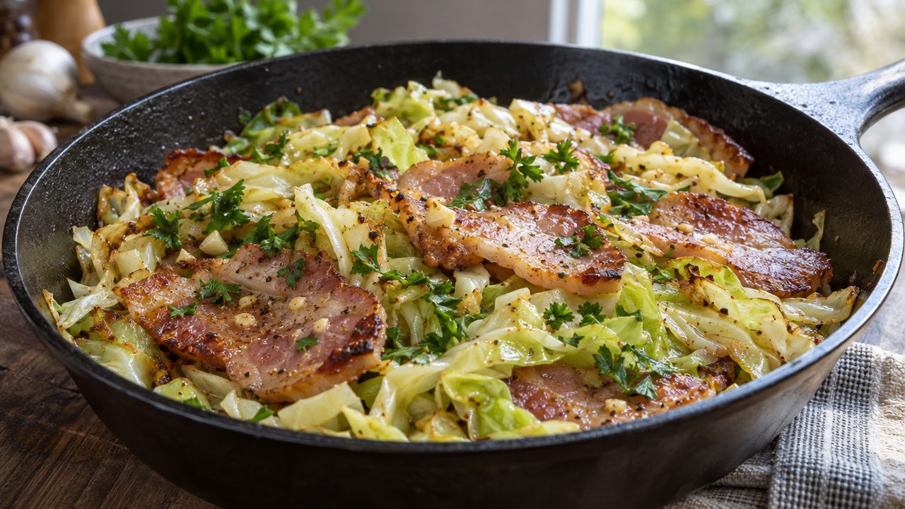 Keto Irish Rashers and Cabbage Stir-fry, plated and ready to serve