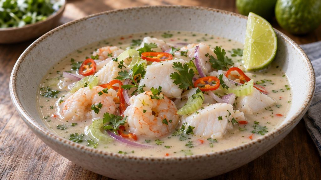 Leche de Tigre Soup, plated and ready to serve