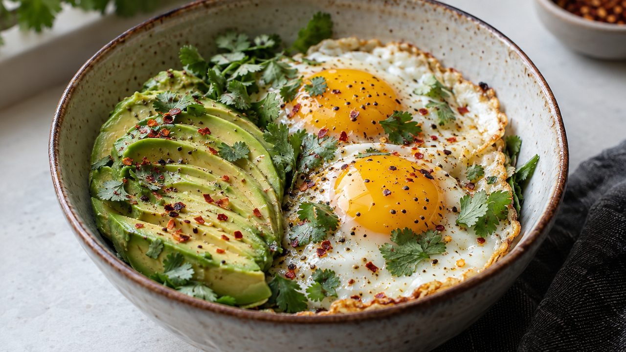 Keto Avocado and Egg Breakfast Bowl, plated and ready to serve