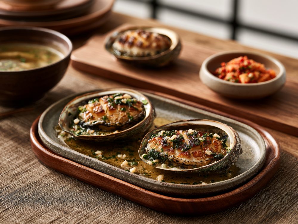 Korean Jeonbok Beoteo-gui, plated and ready to serve
