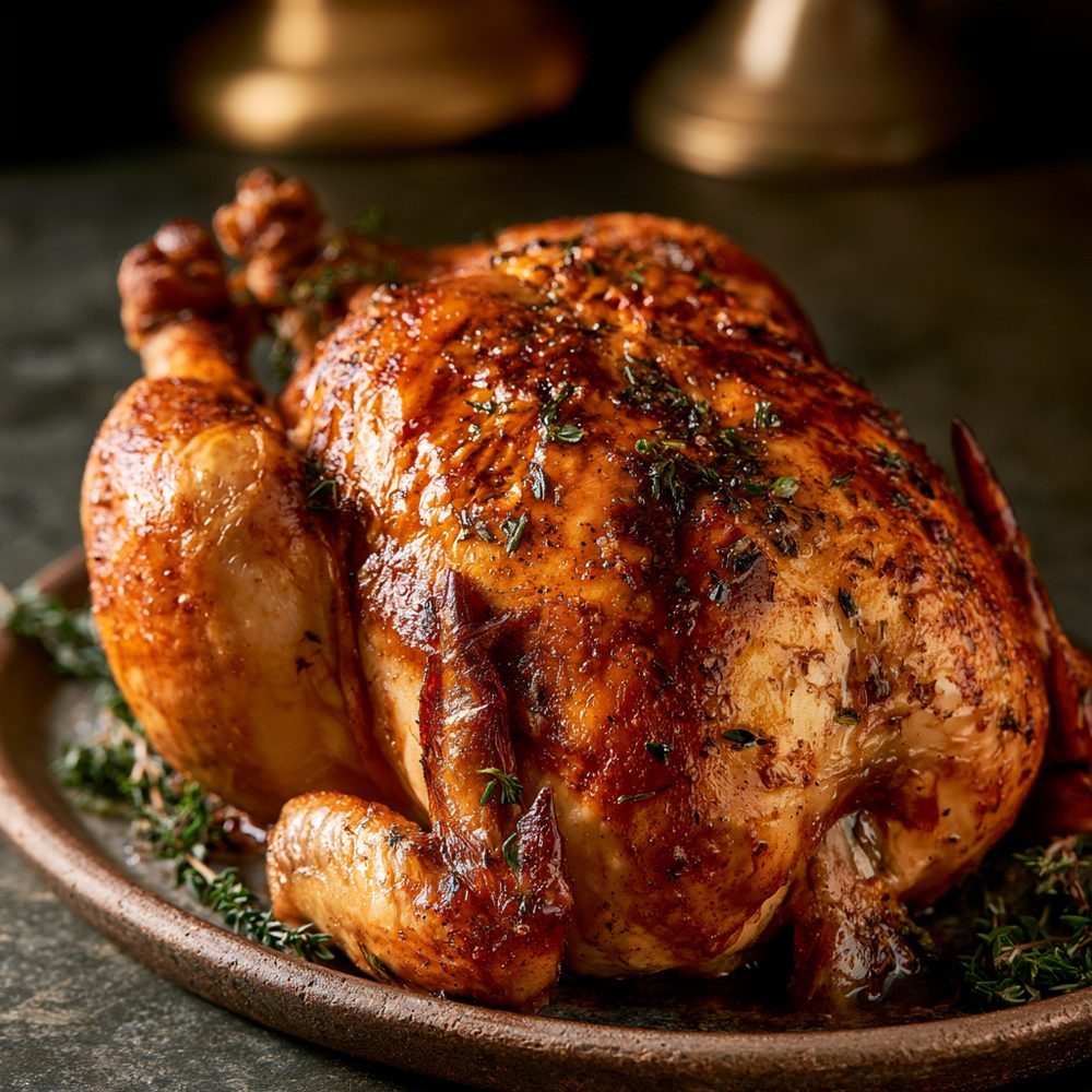Classic Roast Chicken, Shabbat Style, plated and ready to serve