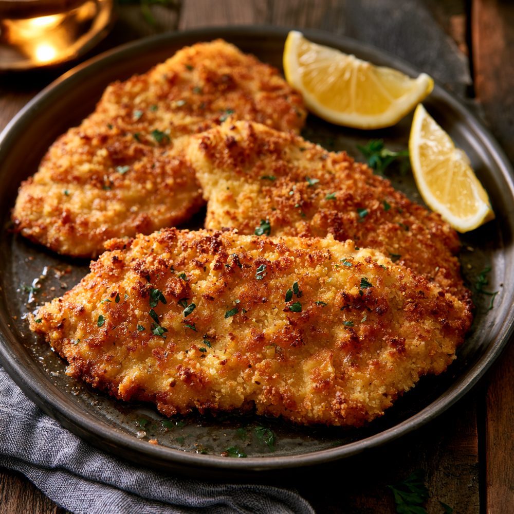 Chicken Schnitzel, Almond Flour Crust, plated and ready to serve