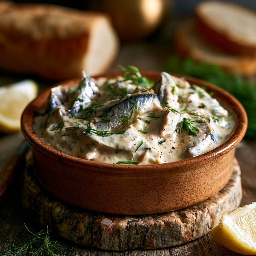 Polish Śledź w Śmietanie, Herring in Cream, plated and ready to serve