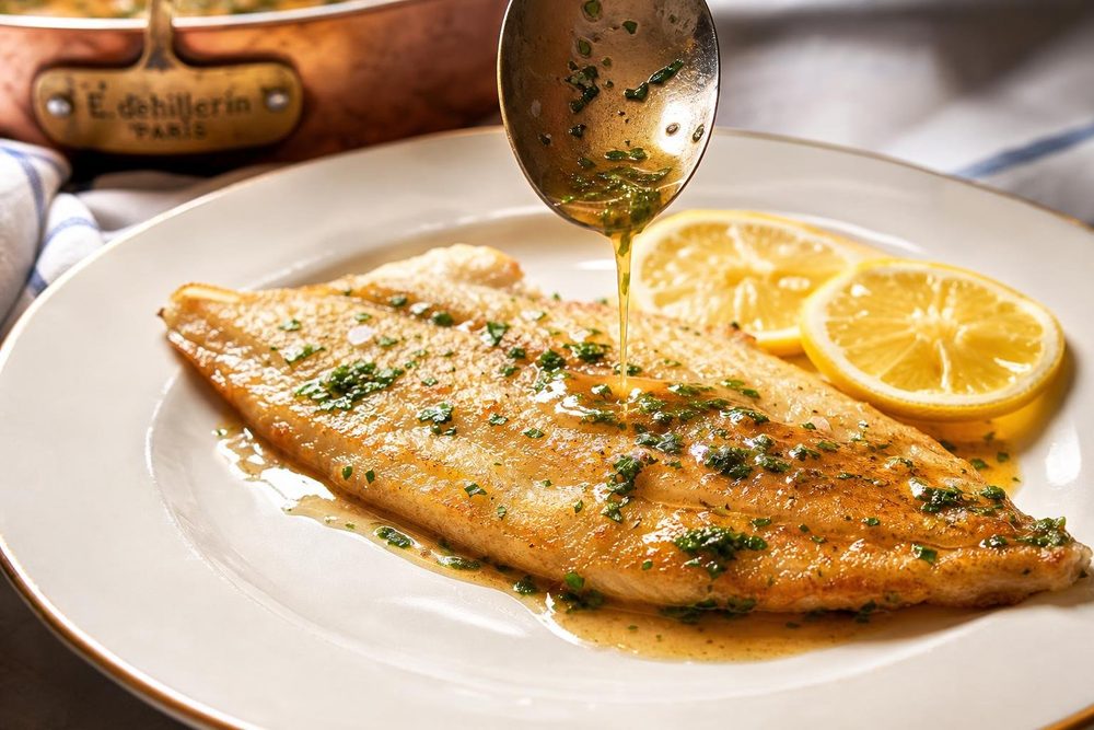 Sole Meunière Beurre Citron, plated and ready to serve