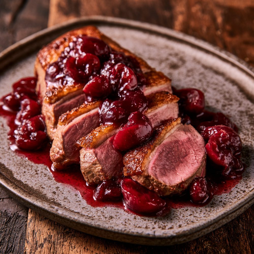 Duck Breast with Sugar-Free Cherry Sauce, plated and ready to serve