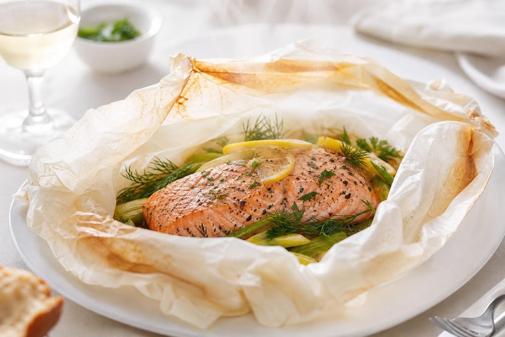 Saumon en Papillote Herbes, plated and ready to serve