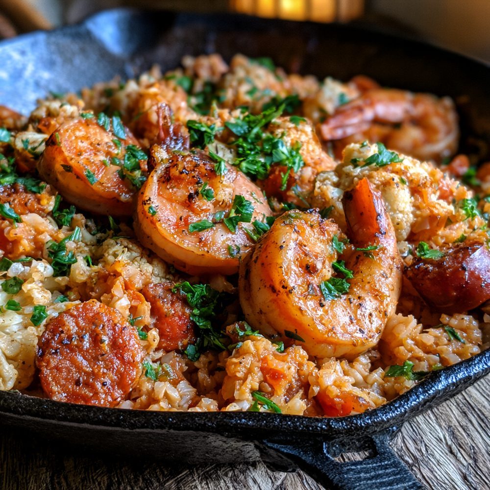 Shrimp Perloo, Cauliflower Rice, plated and ready to serve