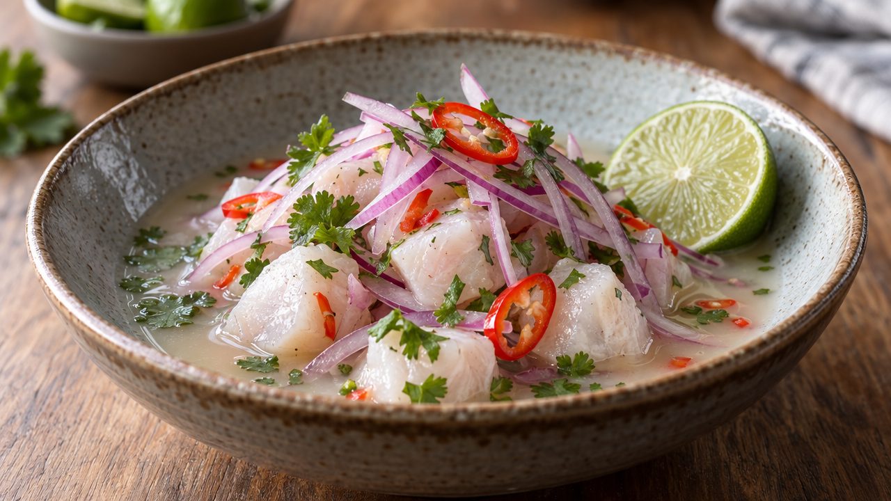 Ceviche Clásico, plated and ready to serve