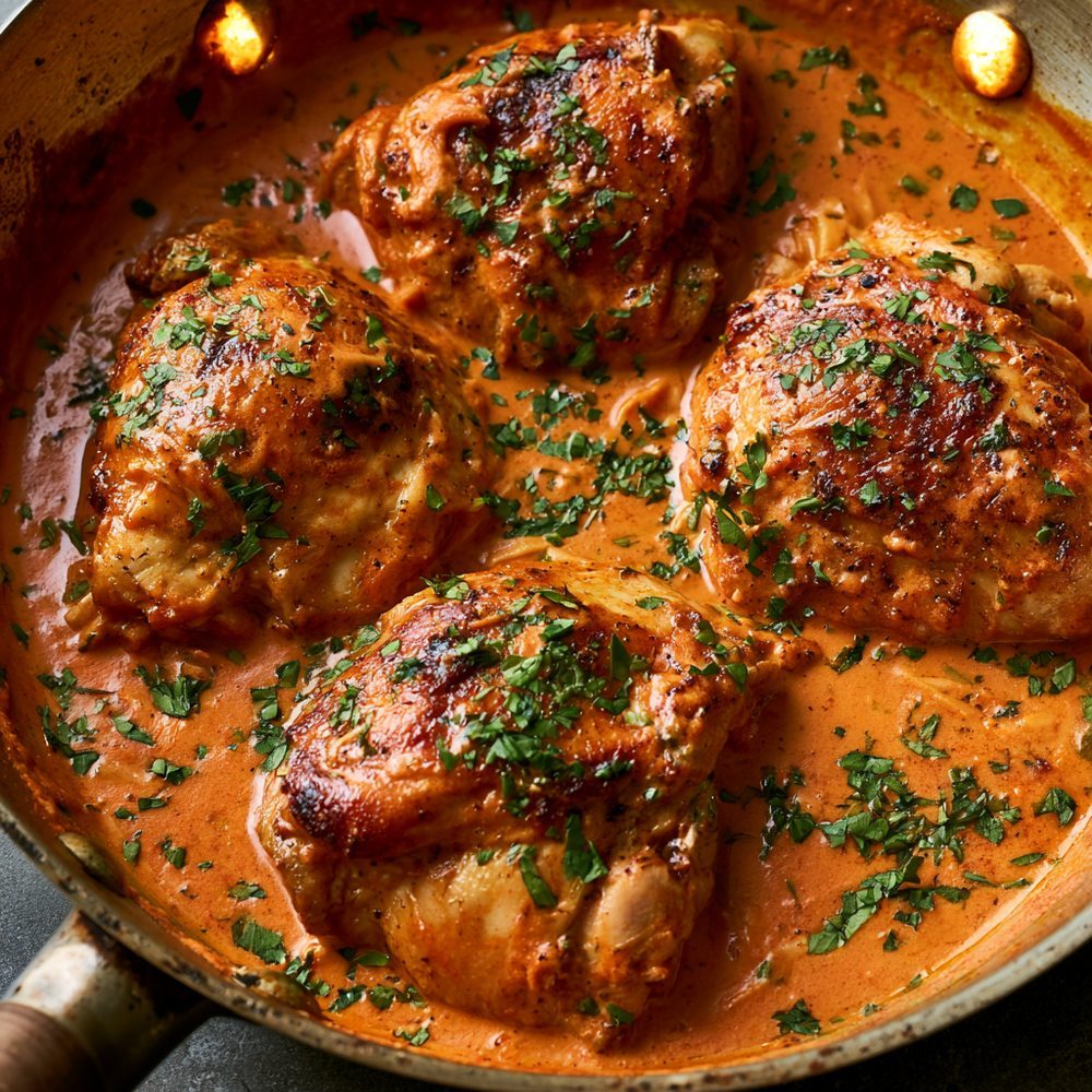 Chicken Paprikash, Dairy-Free Cream Sauce, plated and ready to serve