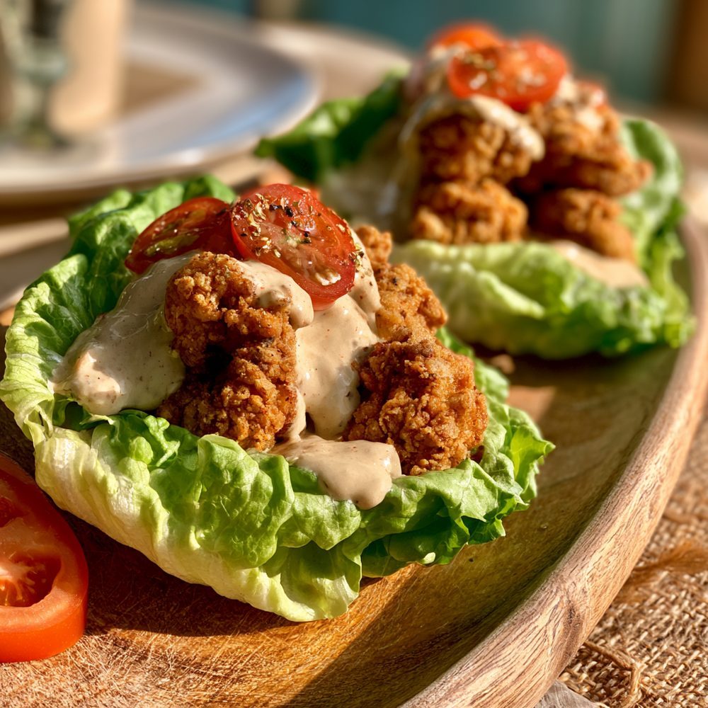 Oyster Po'boy Lettuce Wraps, plated and ready to serve