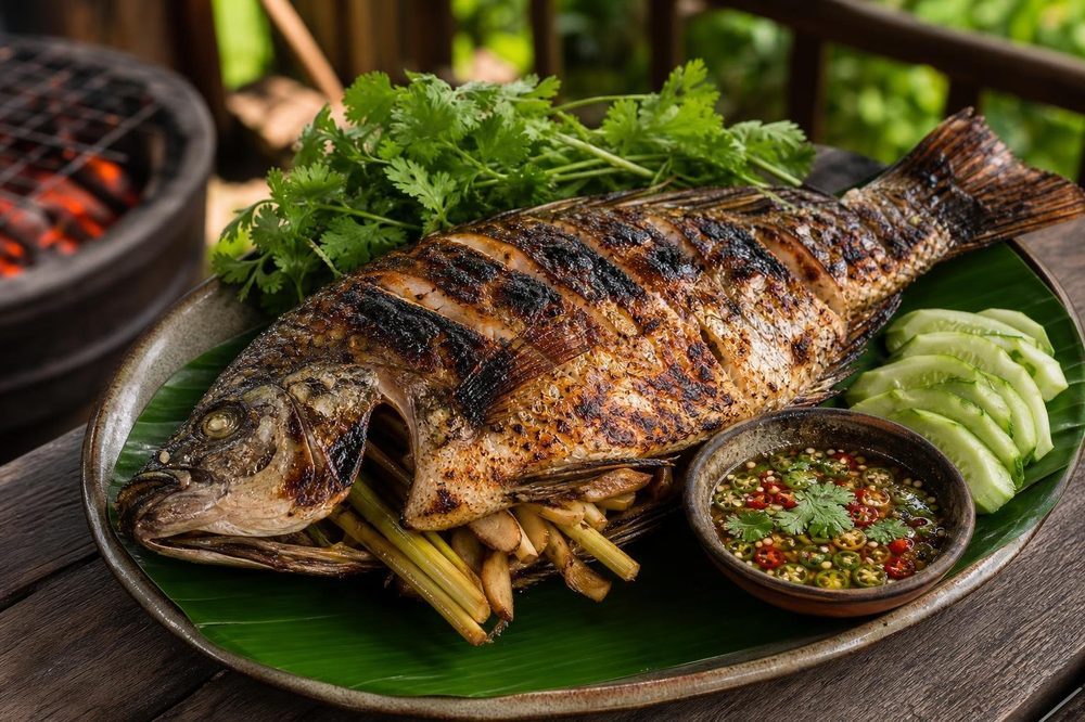 Pla Pao Herb Stuffed Grilled Fish, plated and ready to serve