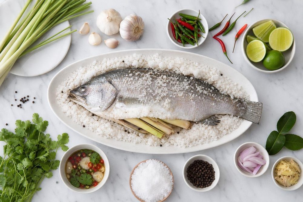 Ingredients for Pla Pao Herb Stuffed Grilled Fish