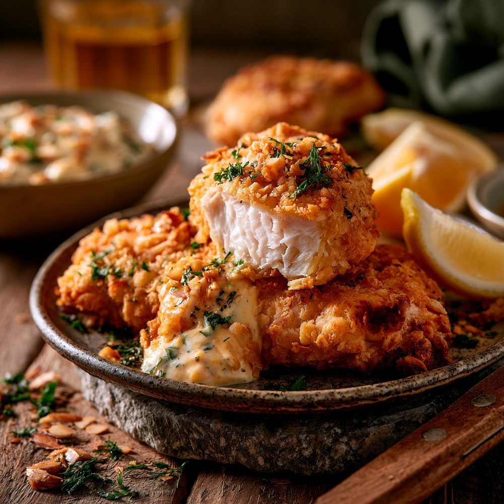 Polish Sandacz Smażony, Fried Pikeperch, Almond Crust, plated and ready to serve