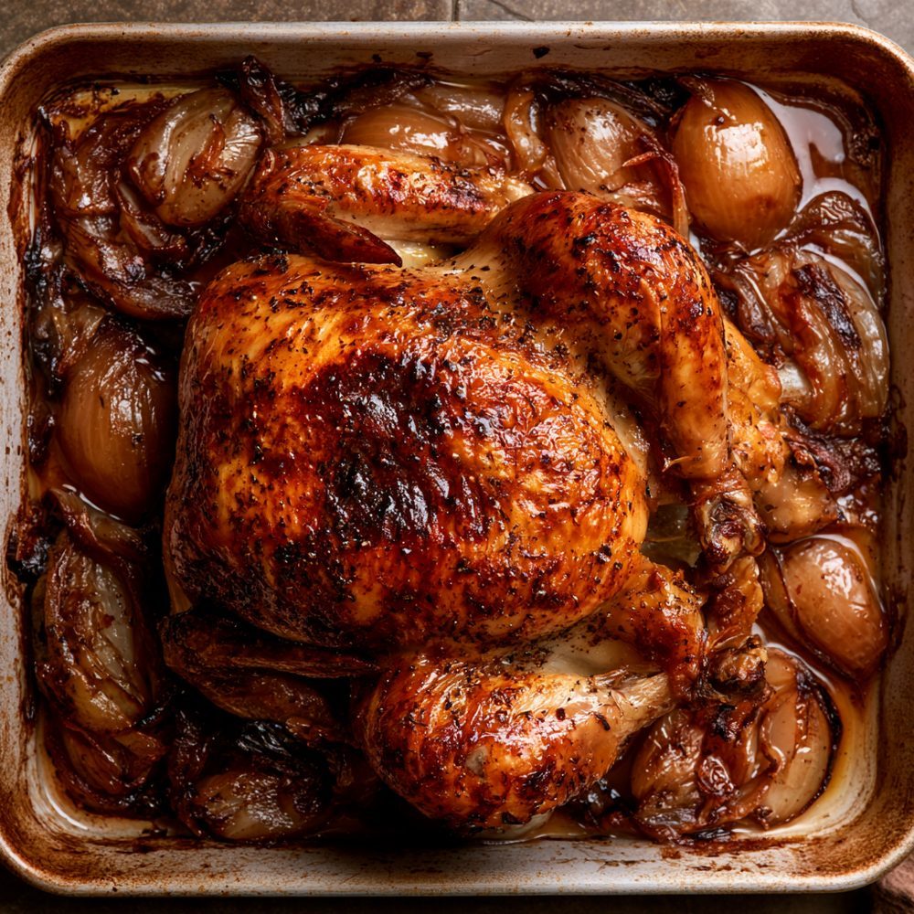 Roasted Chicken with Schmaltz and Onions, plated and ready to serve