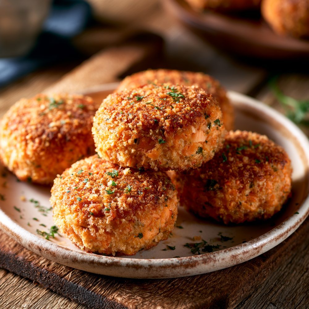 Baked Salmon Croquettes, plated and ready to serve