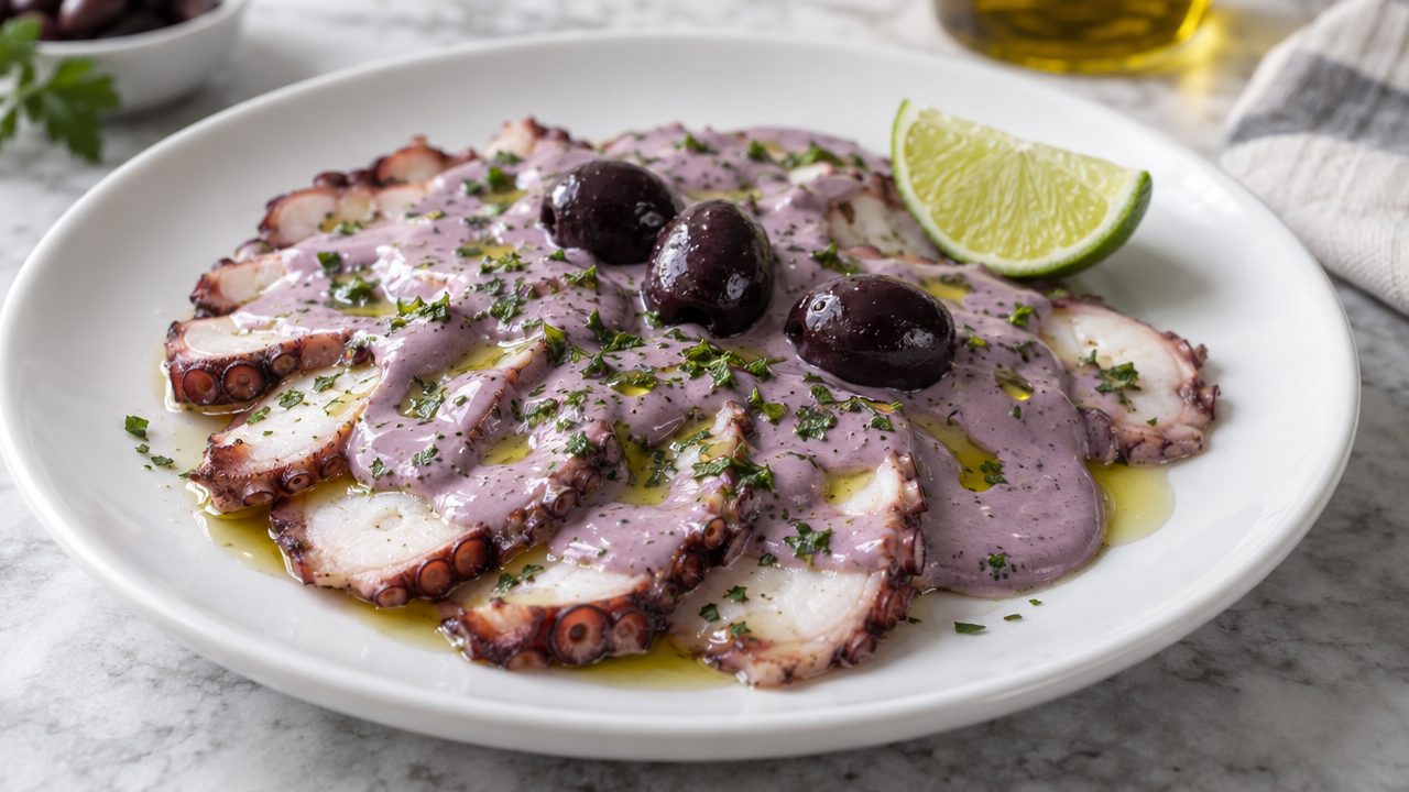Pulpo al Olivo, plated and ready to serve