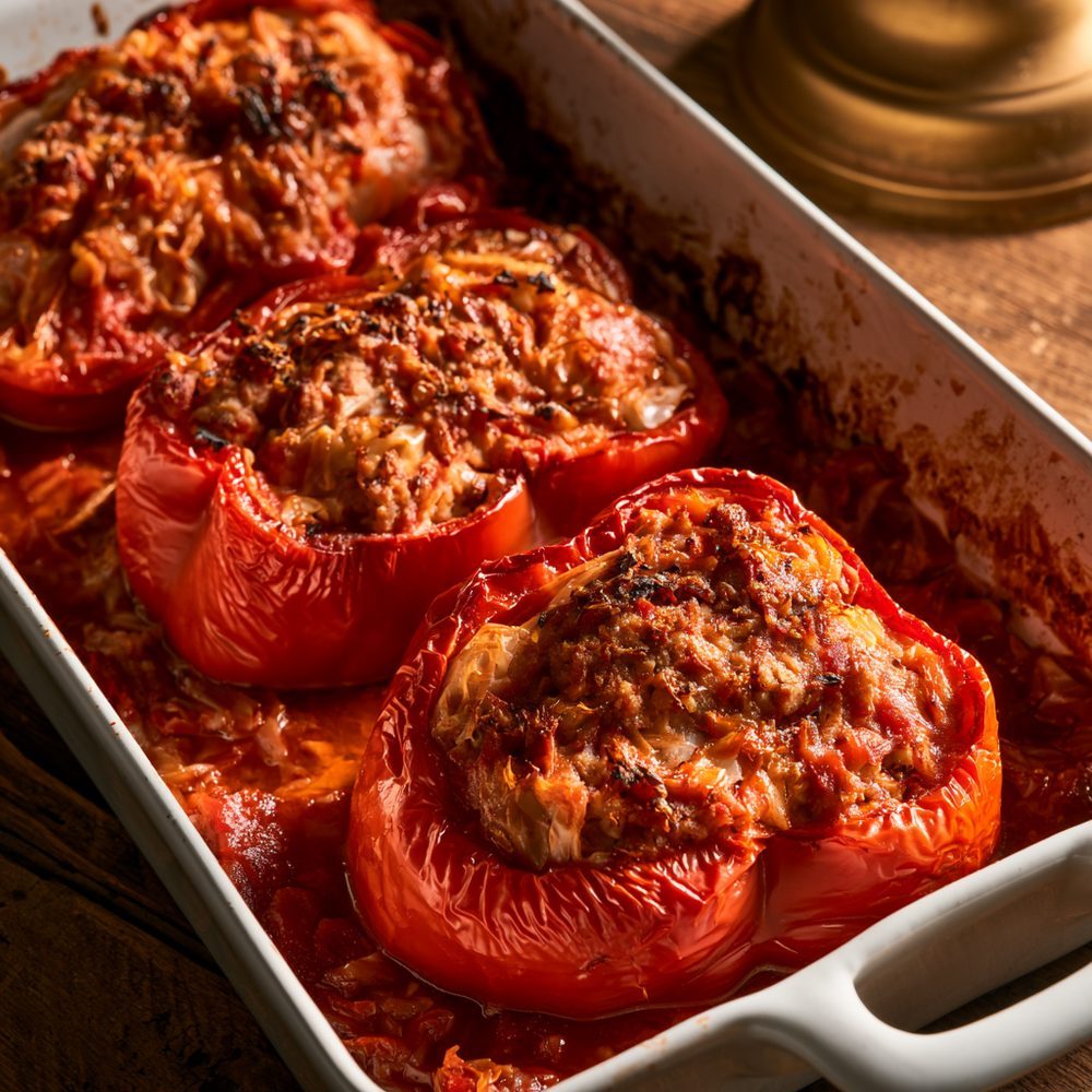 Turkey and Cabbage Stuffed Peppers, plated and ready to serve
