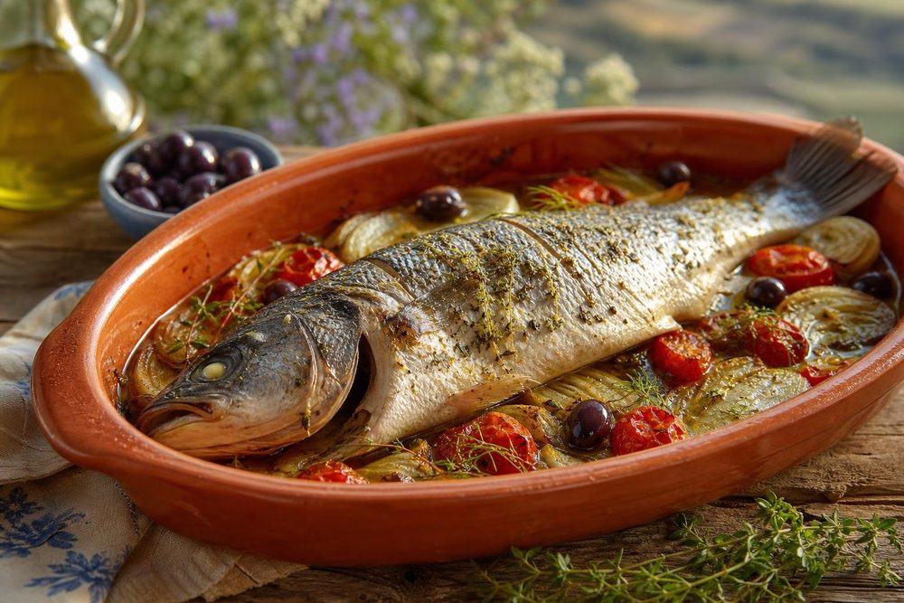 Bar au Four Provençal, plated and ready to serve