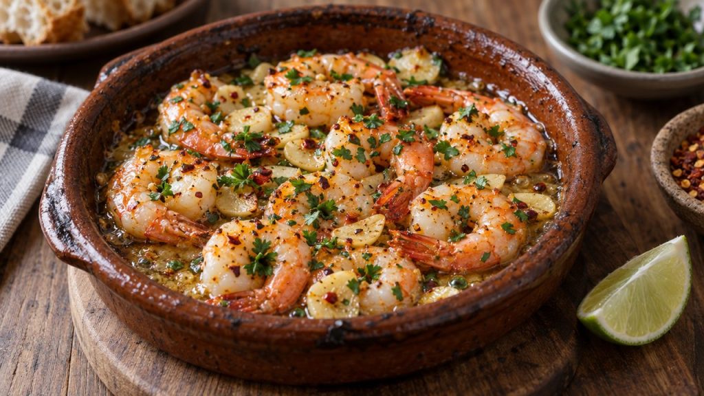 Camarones al Ajillo, plated and ready to serve