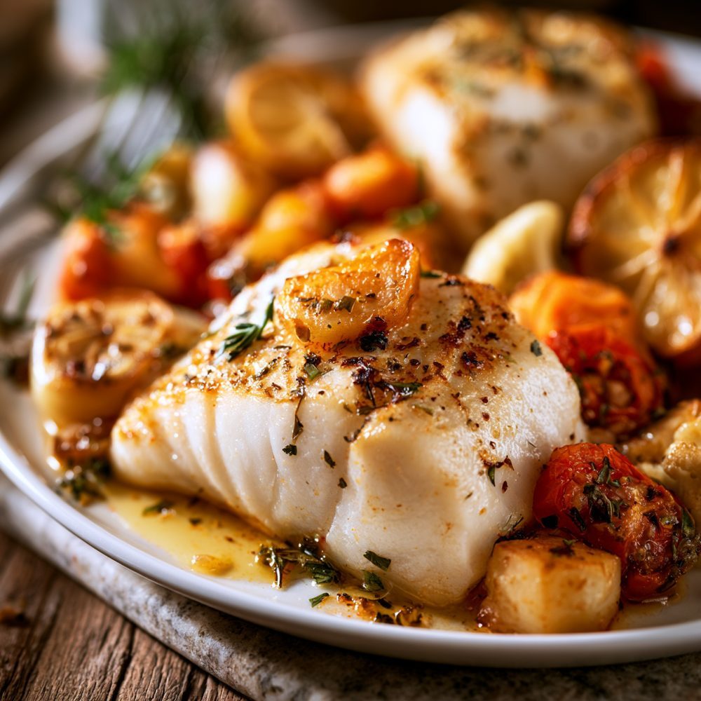 Polish Dorsz Pieczony, Baked Cod, plated and ready to serve