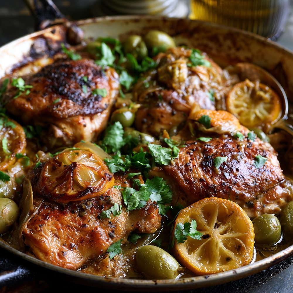 Sephardic Chicken with Olives and Preserved Lemon, plated and ready to serve