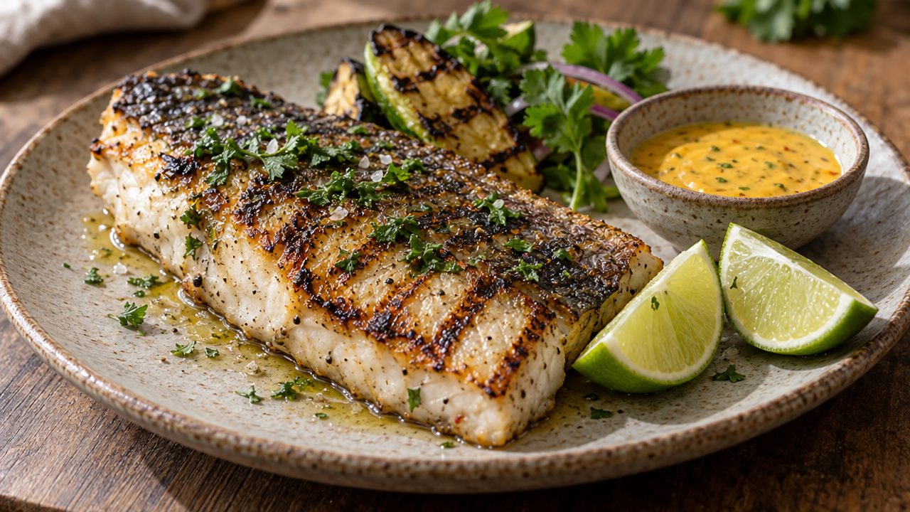 Corvina a la Parrilla, plated and ready to serve