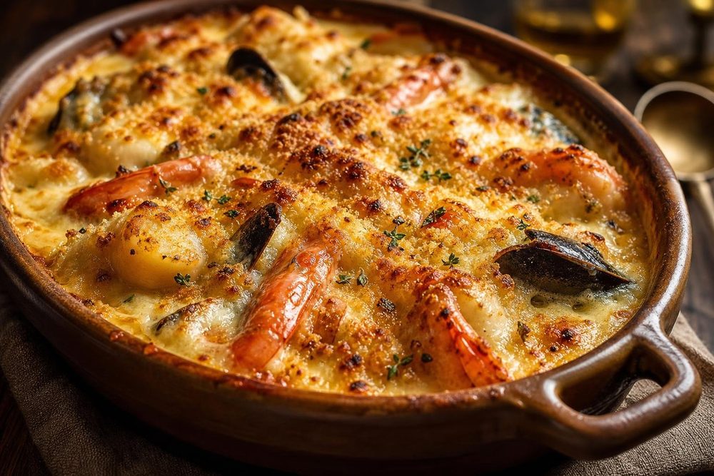 Gratin de Fruits de Mer, plated and ready to serve