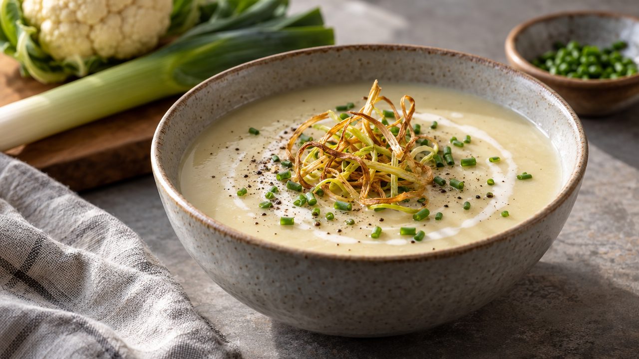 Keto Creamy Cauliflower and Leek Soup, plated and ready to serve