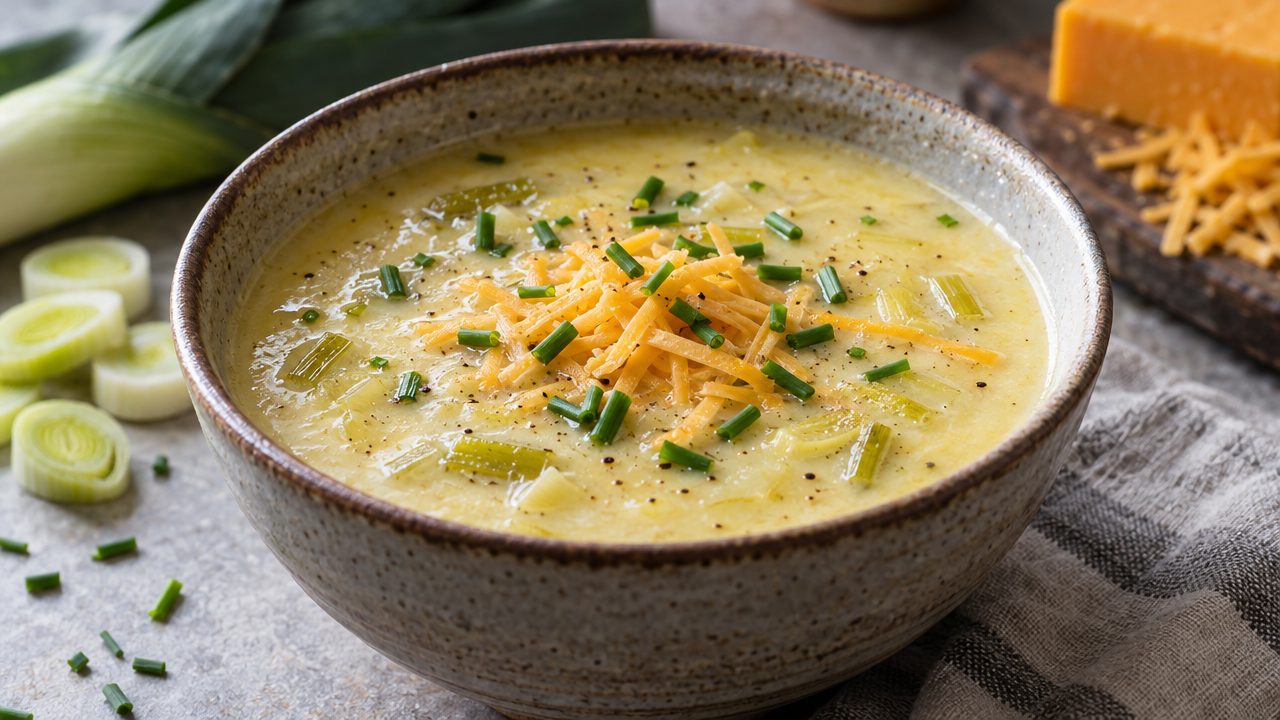 Keto Leek and Cheddar Soup, plated and ready to serve