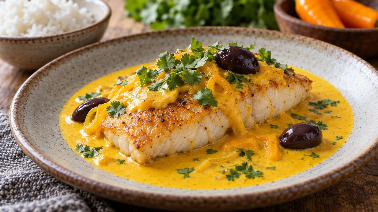Pescado en Salsa de Ají Amarillo, plated and ready to serve