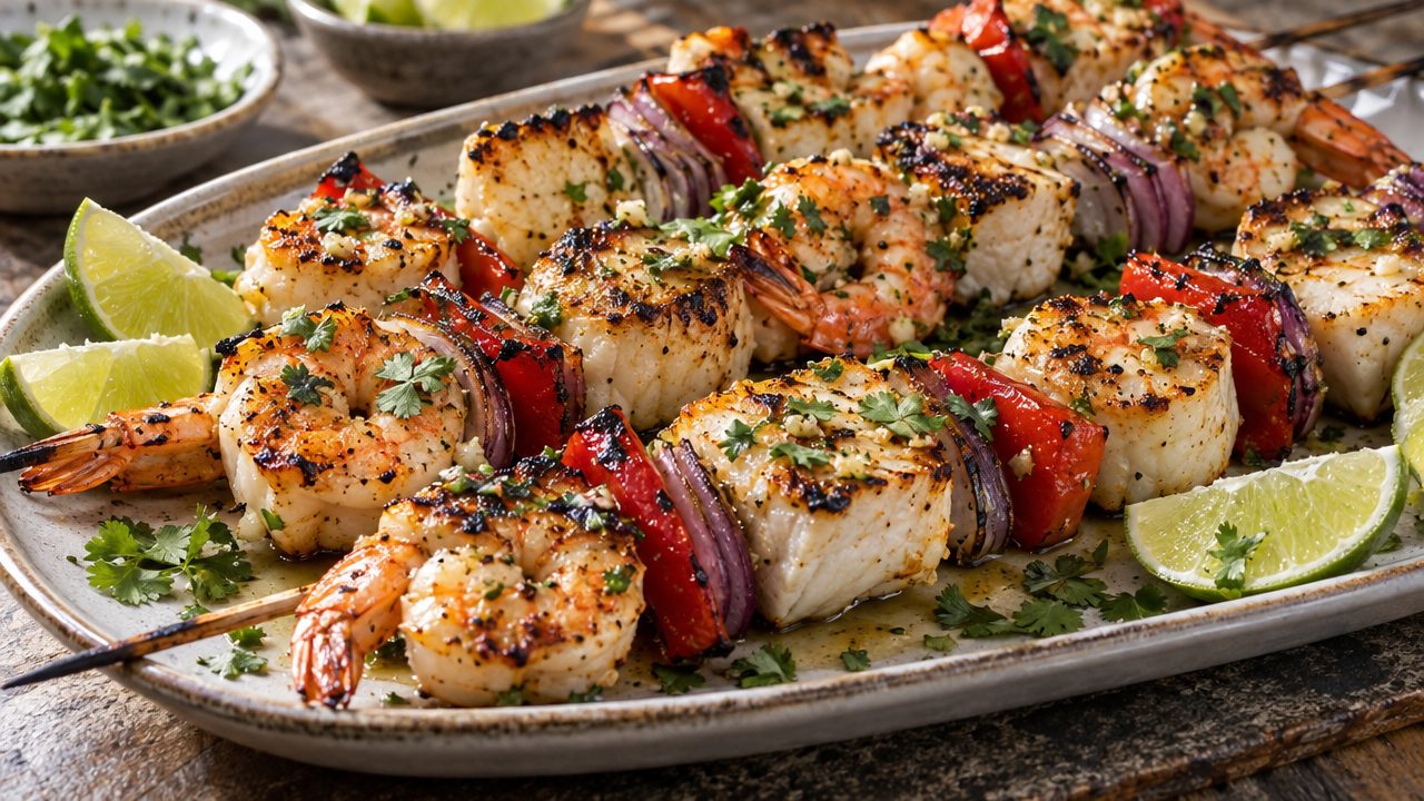 Brochetas de Mariscos, plated and ready to serve