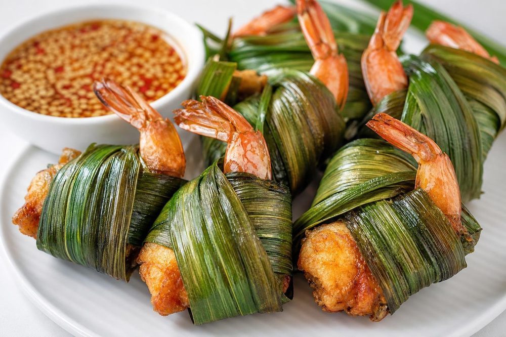 Goong Sarong Prawn Wrapped Pandan, plated and ready to serve