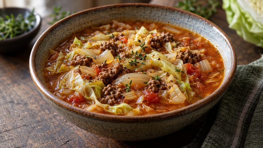Keto Irish Beef and Cabbage Soup, plated and ready to serve