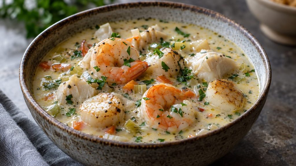 Keto Irish Seafood Chowder, plated and ready to serve