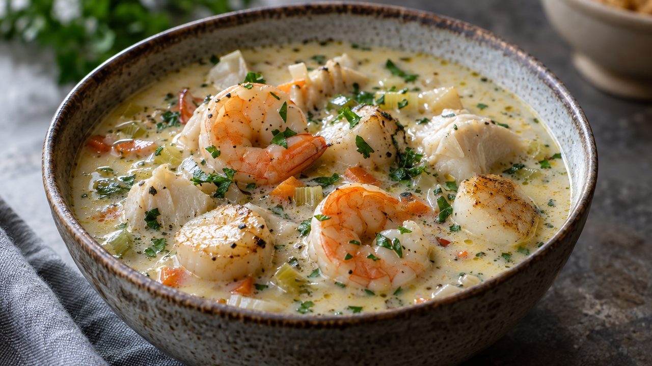 Keto Irish Seafood Chowder, plated and ready to serve