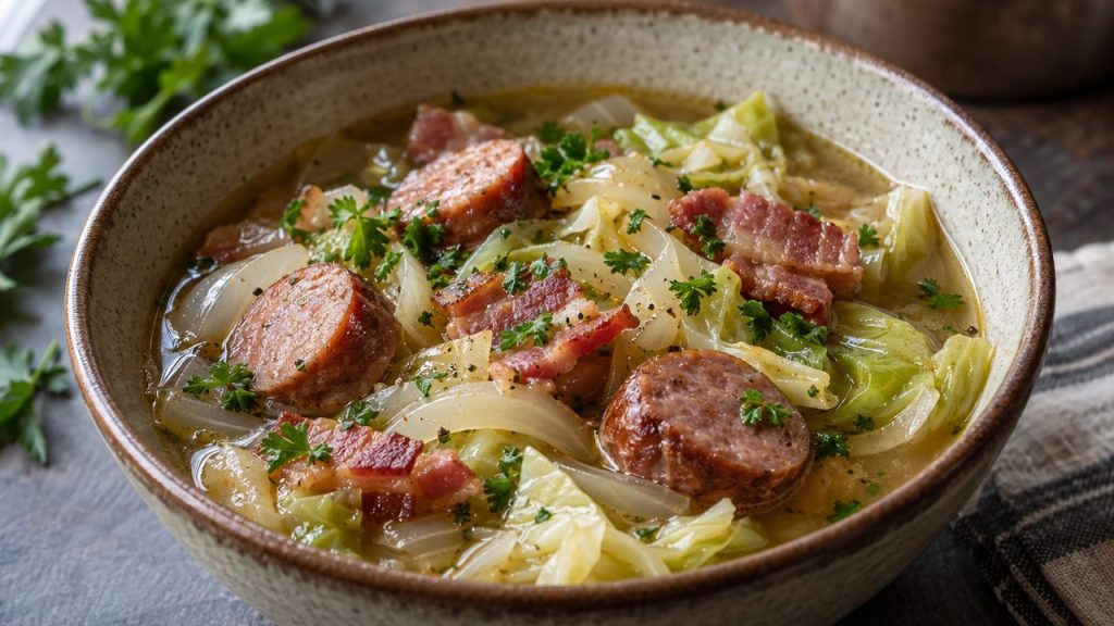 Keto Dublin Coddle Soup, plated and ready to serve