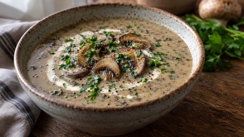 Keto Irish Mushroom Soup, plated and ready to serve
