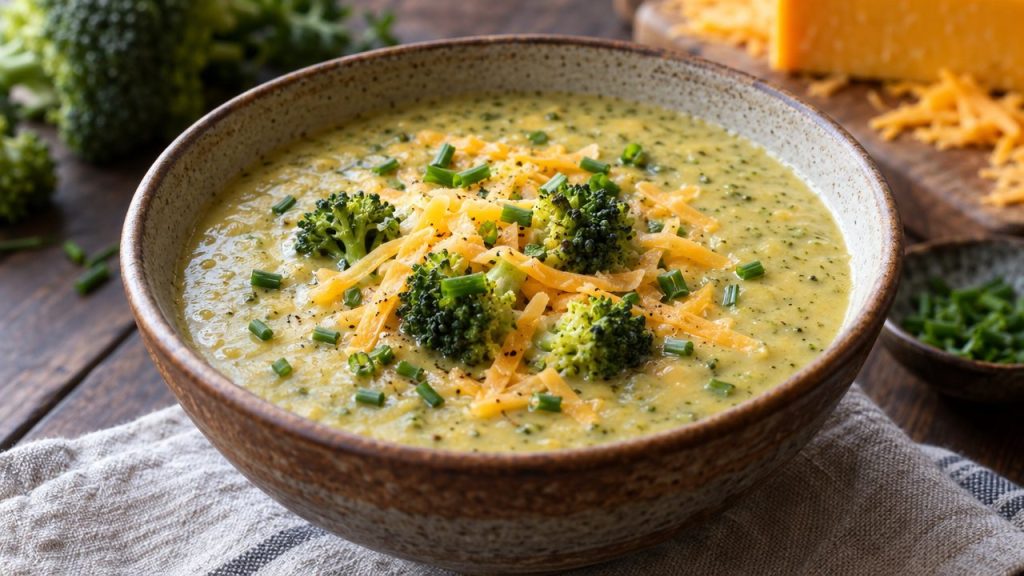 Keto Irish Broccoli and Cheddar Soup, plated and ready to serve