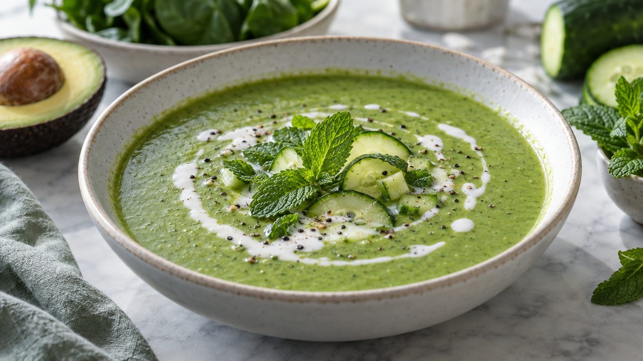 Keto Irish Spinach and Avocado Soup, plated and ready to serve