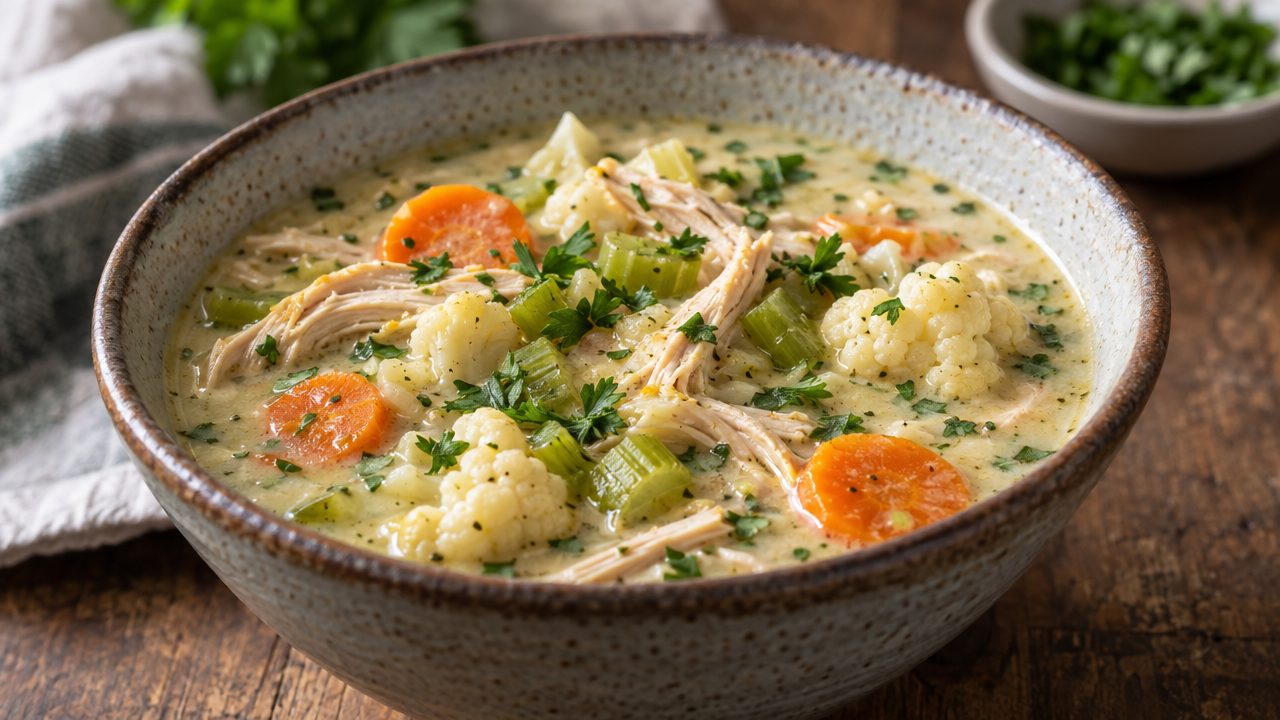 Keto Irish Chicken and Vegetable Soup, plated and ready to serve