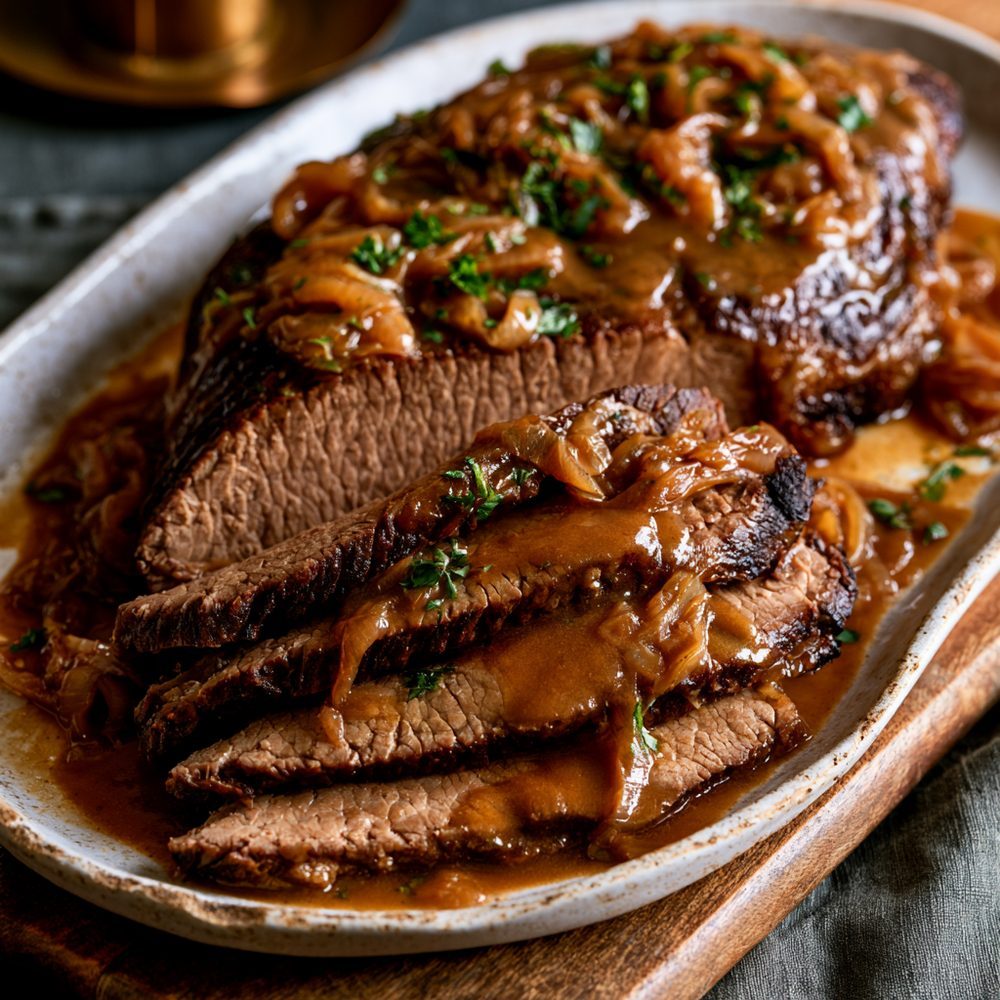 Classic Beef Brisket, Shabbat Style, plated and ready to serve