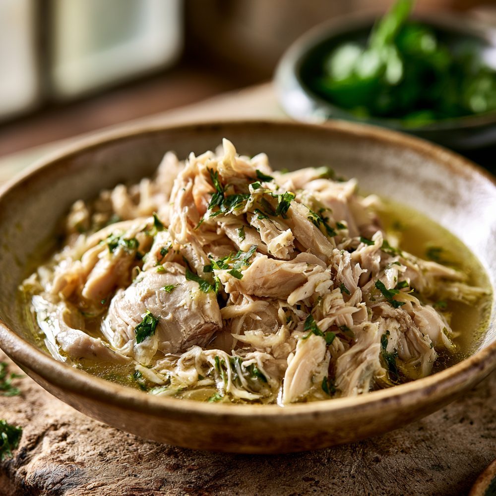 Polish Rosół Chicken, Shredded from Broth, plated and ready to serve