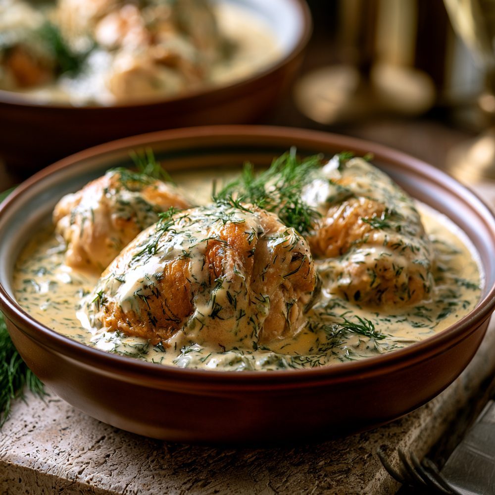 Polish Kurczak w Śmietanie, Chicken in Sour Cream, plated and ready to serve