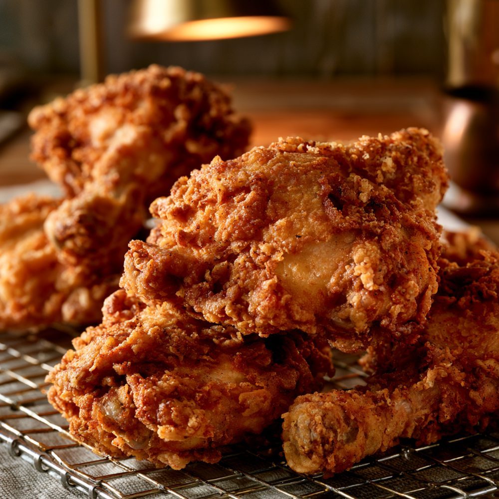 Southern Fried Chicken, Pork Rind Crust, plated and ready to serve