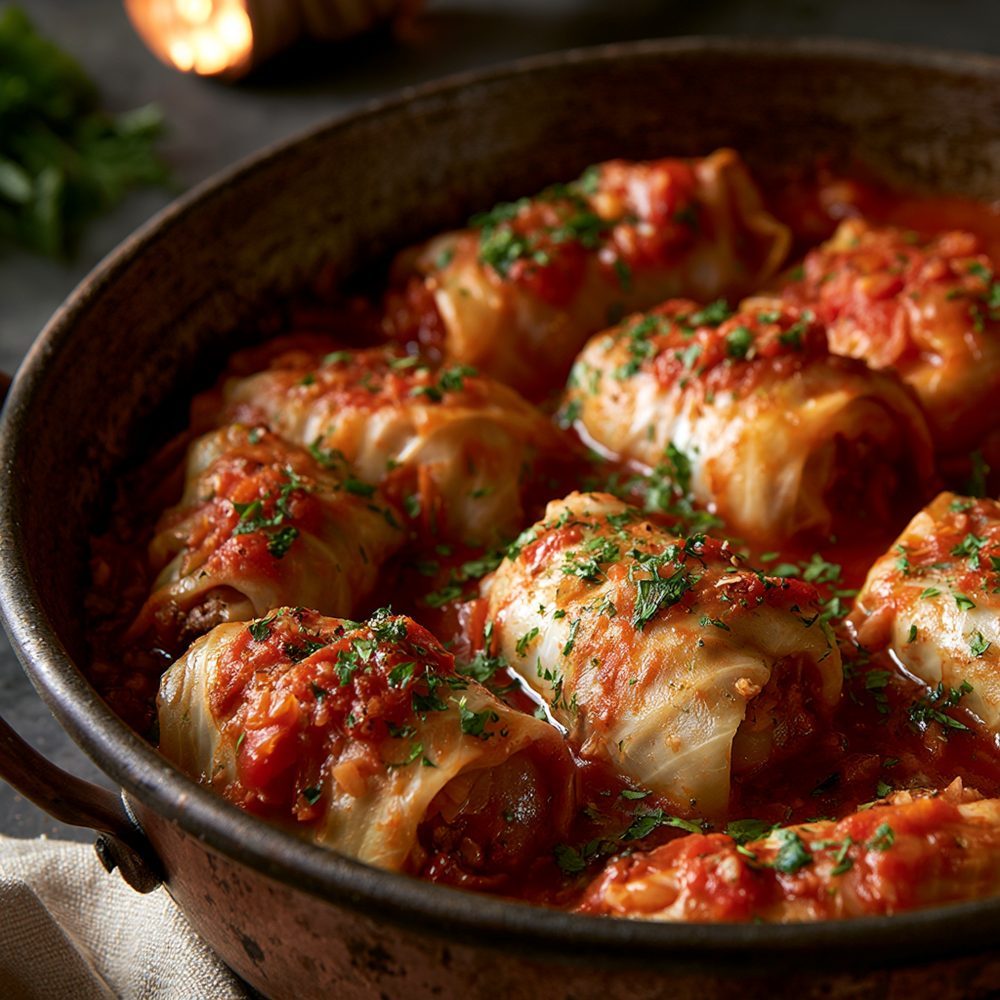 Stuffed Cabbage Rolls (Holishkes), Cauliflower Rice, plated and ready to serve