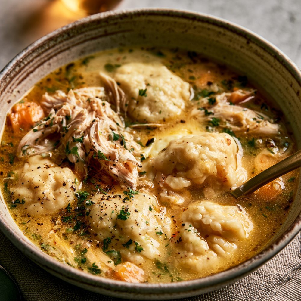 Chicken and Cloud Bread Dumplings, plated and ready to serve