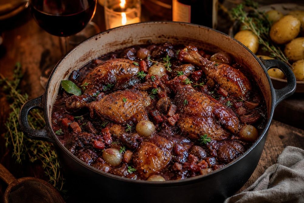 Coq au Vin Keto, plated and ready to serve