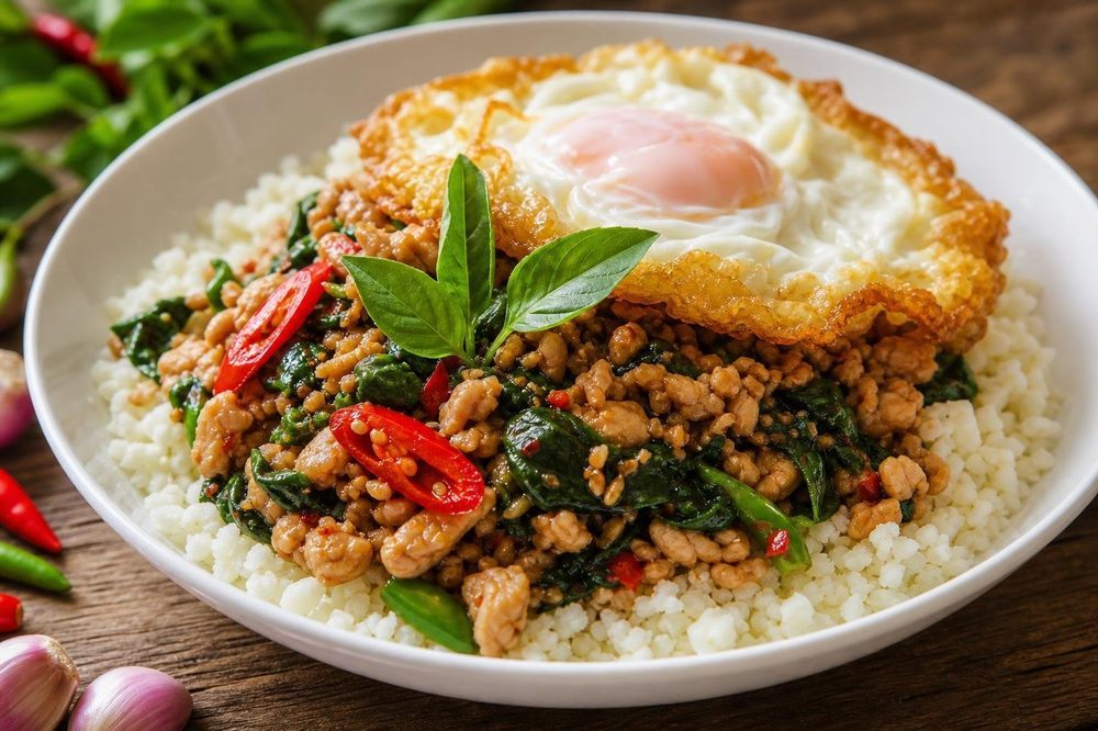 Gai Pad Krapao Holy Basil Chicken, plated and ready to serve