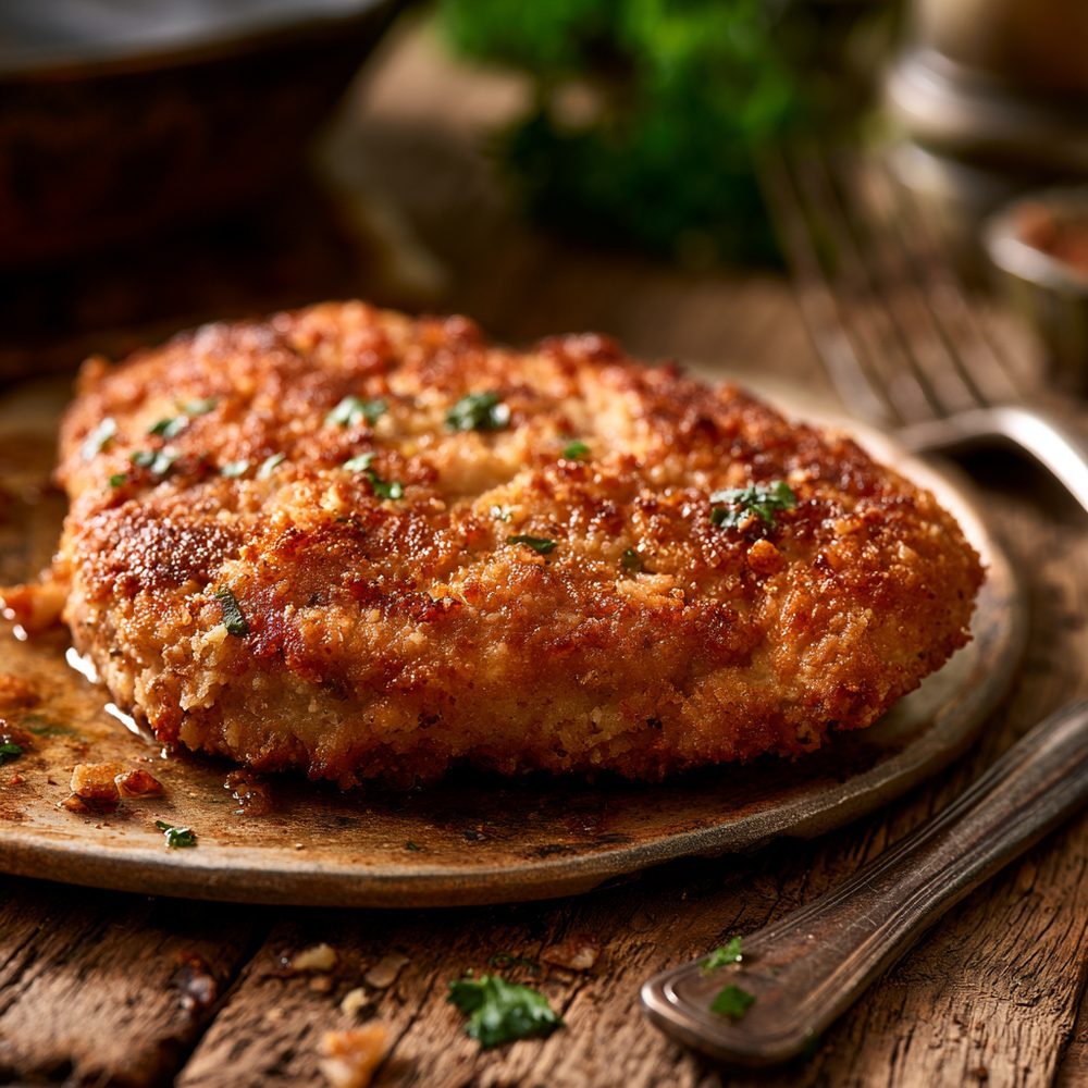 Polish Kotlet Schabowy-Adjacent Chicken Cutlet, Almond Crust, plated and ready to serve