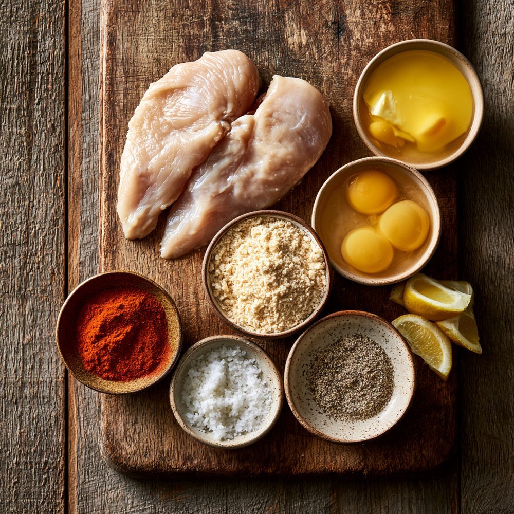 Ingredients for Polish Kotlet Schabowy-Adjacent Chicken Cutlet, Almond Crust